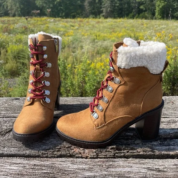 8 10 NWT Nine West tan chunk heel faux fur suede vegan moto combat boots - Picture 10 of 13